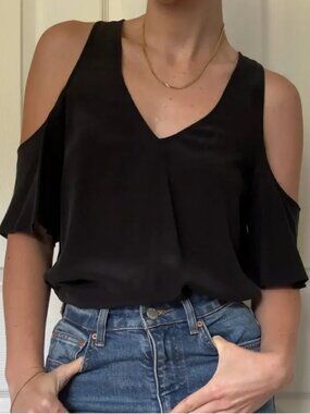 Trouve Silk Top, Cold-Shoulder V-Neck, Black, Size Medium